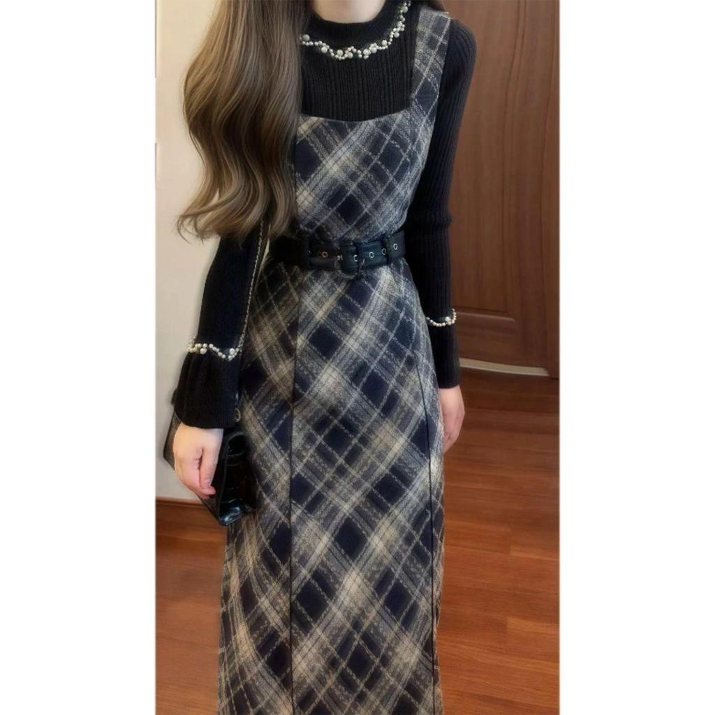 Plaid Wool Suspender Dress & Bell Sleeve Sweater Set - Slimming Waist, Autumn/Winter.
