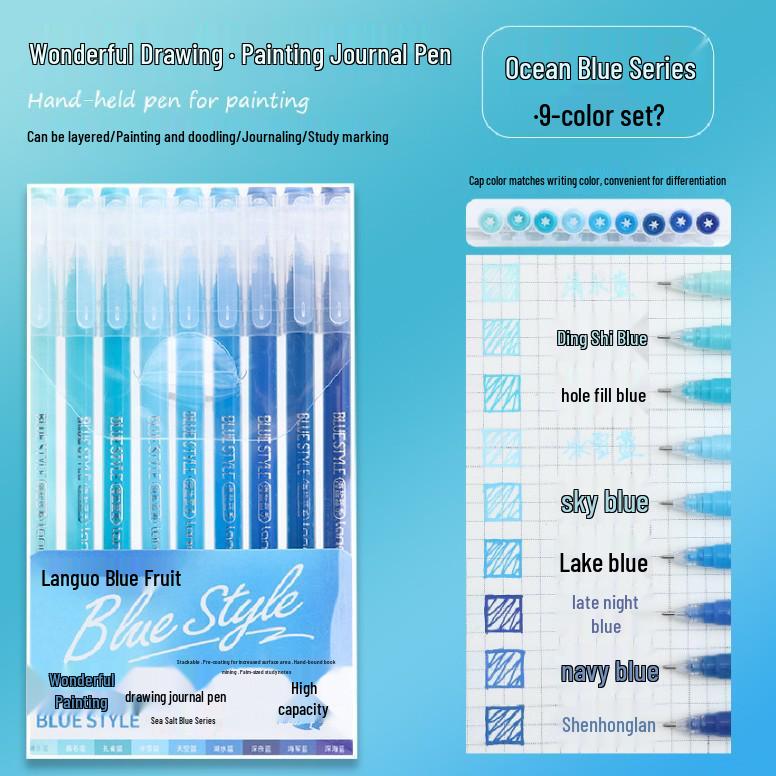 Blue Fruit Nine-Color Gel Journal Pens for Students - Doodle, Color, and Highlight with Fluorescent Markers