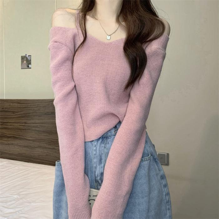 

Pure Shoulder Shoulder V-neck Black Knitted Sweater Women s Autumn New Short Small Internet celebrity one size fits all