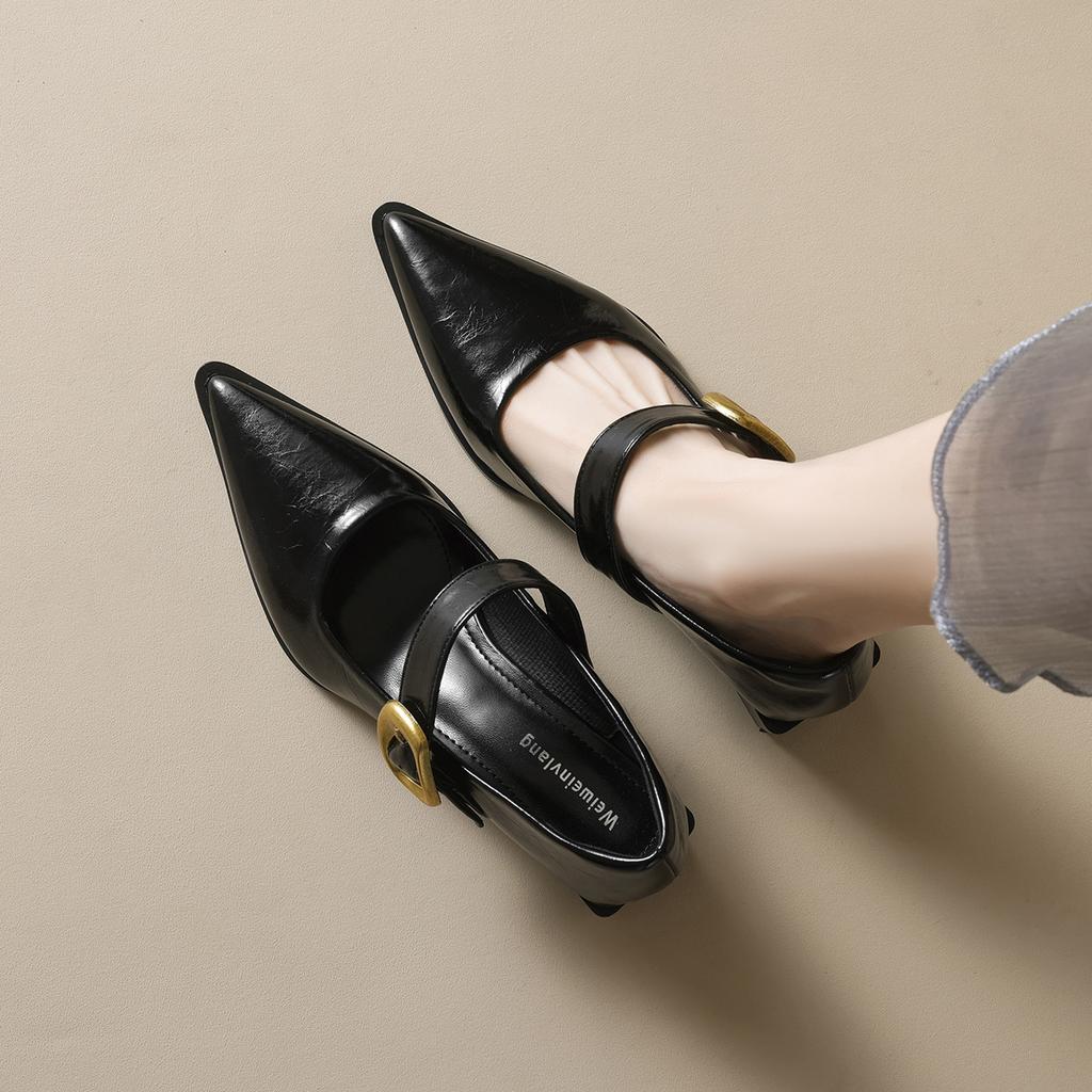 Weiwei Girl 108-8 French Pointed Mary Jane Shoes Thick Heel 2025 New Word with Shallow Mouth High Heels Women