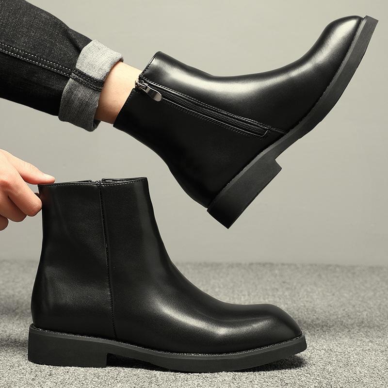 New Trend Leather Zipper Short Boots Men's High Top British Square Head Martin Boots Men's Shoes Chelsea Boots Flat Bottom