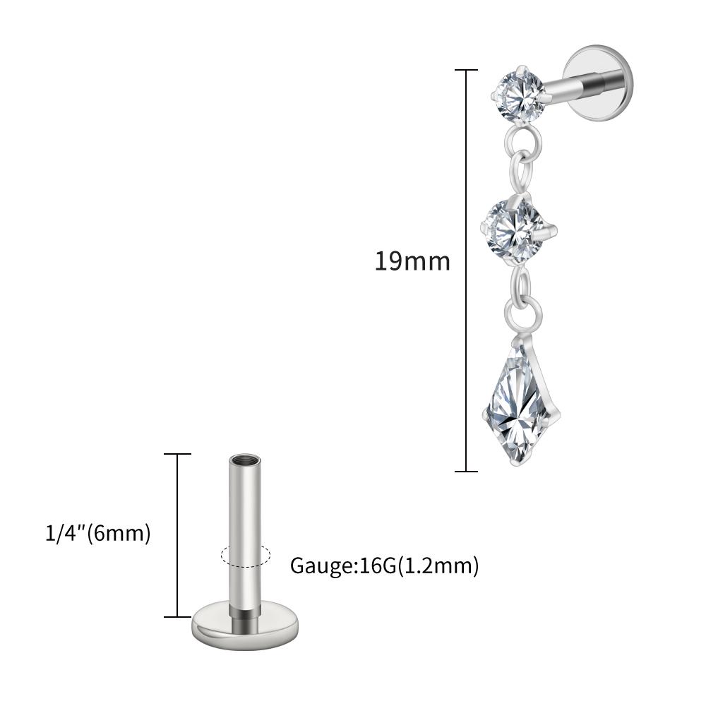 Right Grand ASTM F136 Titanium Dangling CZ Drop Piercing 16G Dangle Chain Kite Shape Cartilage Helix Stud Flat Back Earring