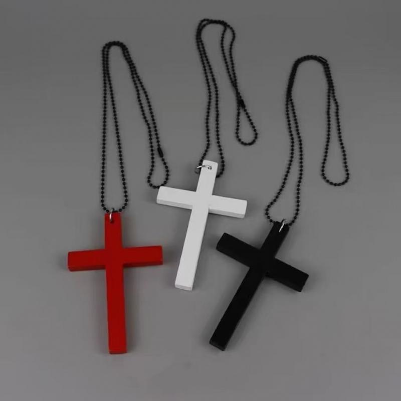Halloween Jewelry Men & Women Gothic Vintage Dark Fashion Funny Whimsical Wooden Cross Pendant Necklace for Sweater