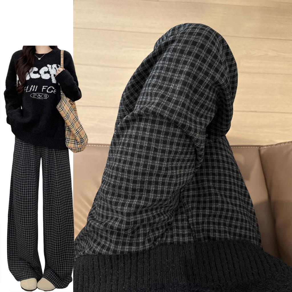 Black and Gray Plaid Pants Children's New Autumn High Waist Drape Loose Casual Small Woolen Wide-leg Pants