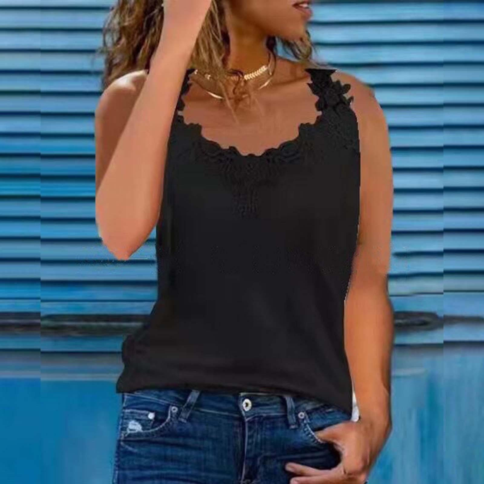 

Літні однотонні мереживні безрукавки. Жіночі топи-камізоли з v-подібним вирізом без рукавів. Повсякденні великі укорочені топи. Туніка, блуза, шикарний одяг. L чорний