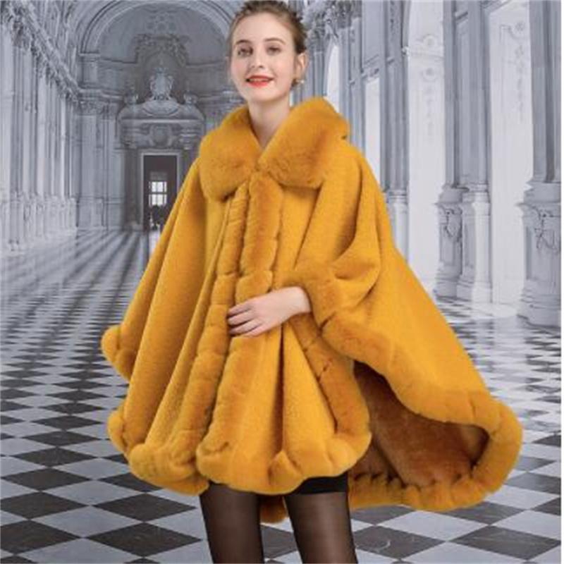 

Зимняя женская накидка из искусственного кроличьего меха с воротником из зернистого бархата, толстая свободная шаль, длинный большой маятниковый уличный плащ One Size
