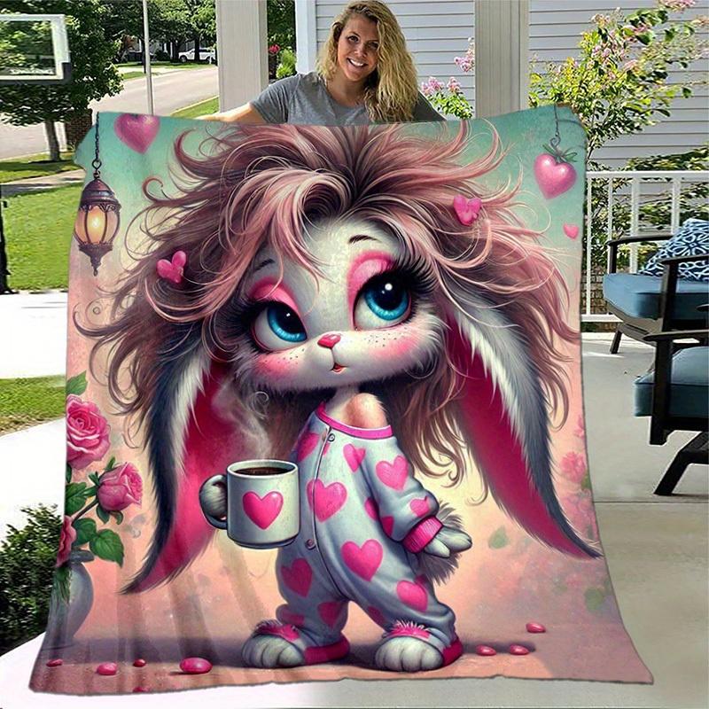 1pc Adorable Bunny with Heart Print Blanket - Perfect for Home, Office, Outdoor Use, Gift Idea,