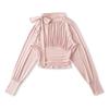 Women's French Retro Tie-Up Slim Fit Cropped Shirt - Stand Collar, Long Sleeve, High Waist (Spring/Autumn)