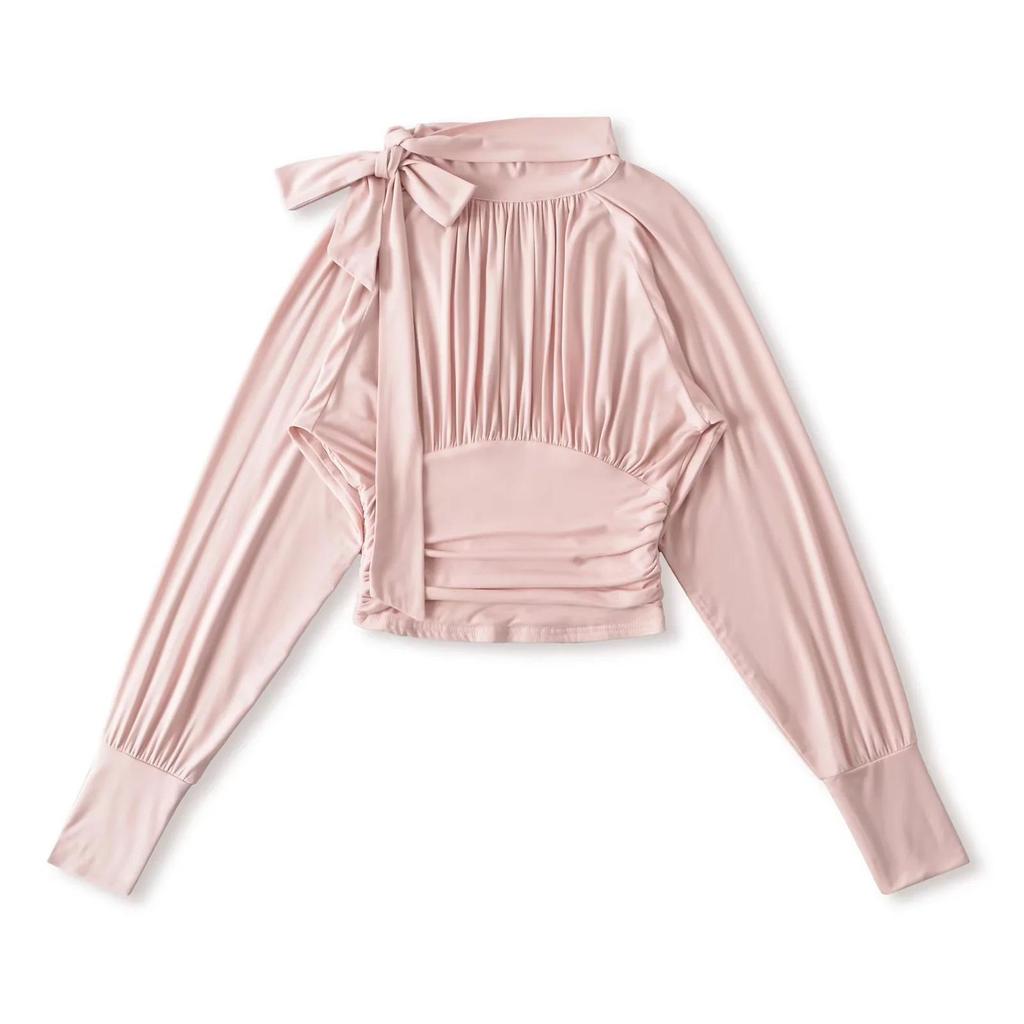 Women's French Retro Tie-Up Slim Fit Cropped Shirt - Stand Collar, Long Sleeve, High Waist (Spring/Autumn)