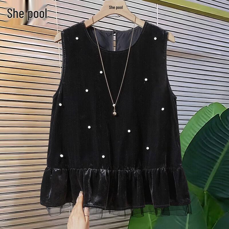 Elegant Beaded Velvet Round Neck Vest M