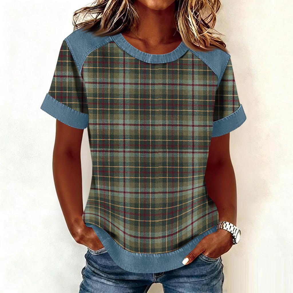 Women Denim Collar Patchwork Stitching Sweatshirt Casual  Printed Pullover Short Sleeve Shirts