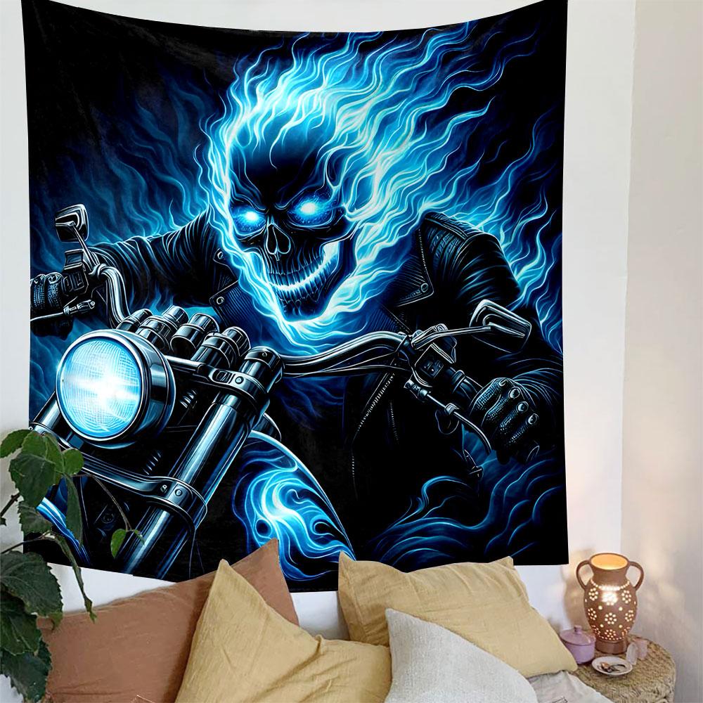 "Flaming Skull Rider on Motorcycle" Patterned Tapestry Decorative Wall Hanging, Home Bedroom Living Room Decor