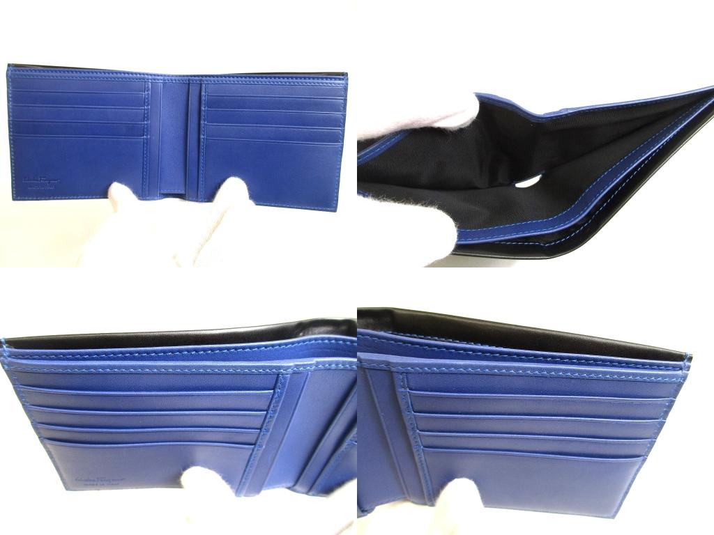 Authentic Salvatore Ferragamo Black Blue Leather Bifold Bill Wallet #b022  Open box
