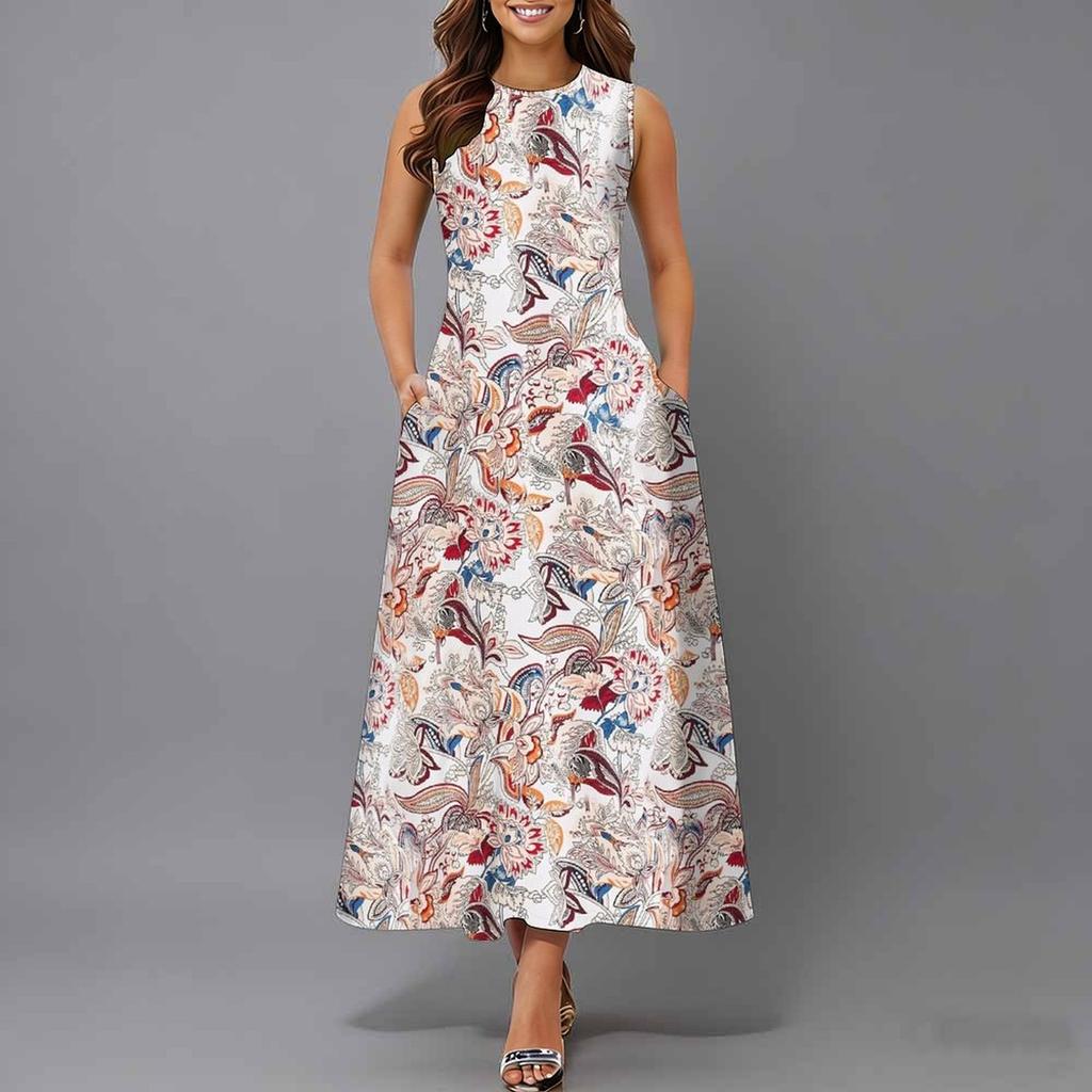 Oversized Women Sleeveless Round Neck Dress Dense Floral Printed Flowy Mid Calf Gown