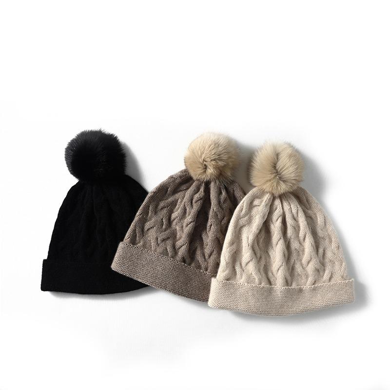 Women 100% Cashmere Beanie Hat Pom Pom Detail Cable Knit Rolled Cuff Winter Warm Soft Slouchy Skullies Cold Weather Accessory
