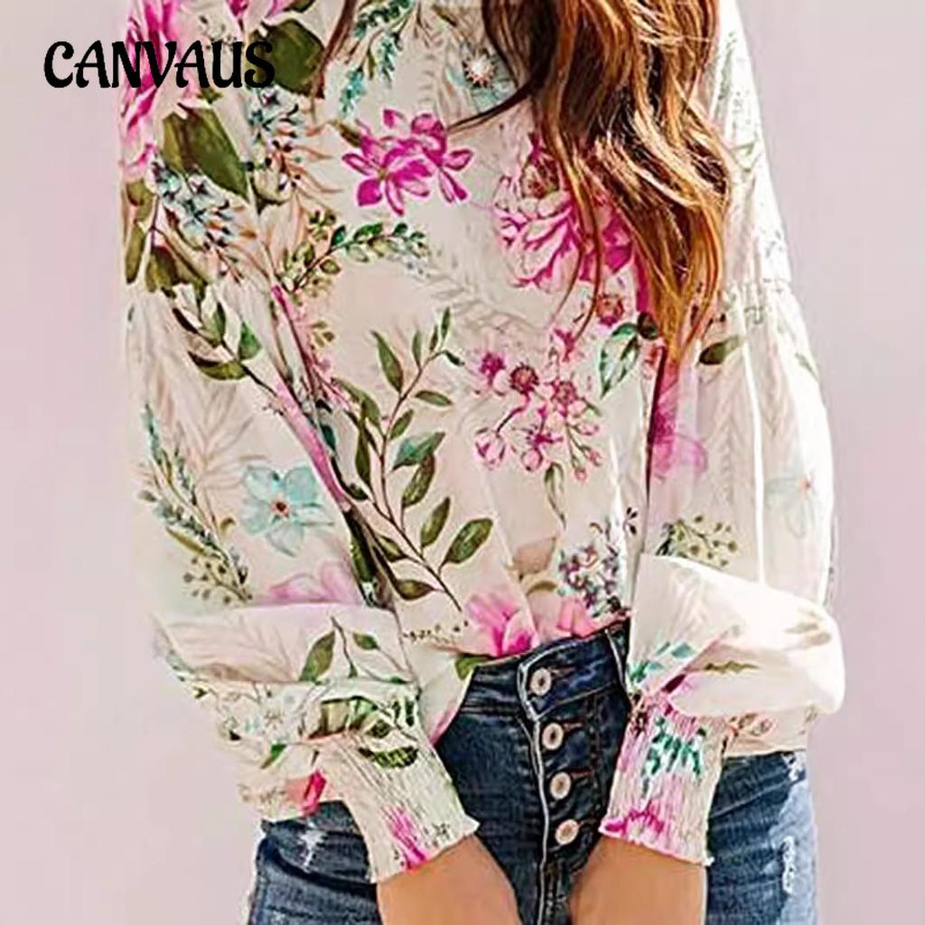 Início do Outono Feminino Gola Redonda Estampado Casual Solto Manga Longa Camisa
