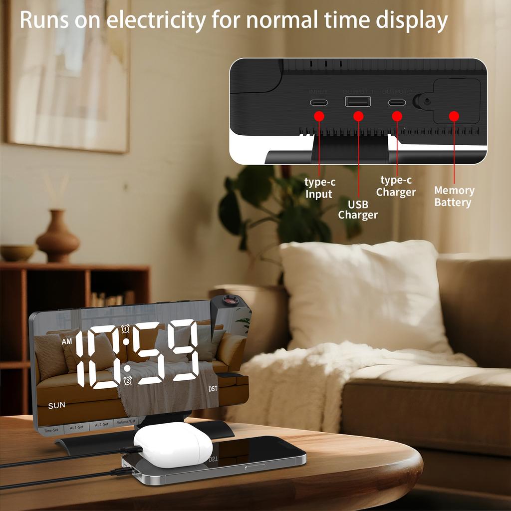 LED Digital Alarm Clock with Time Projection, Dual Alarms, USBCelsiusType-C Charging Ports, 6-  Dimmable, Daylight Saving Time (DST), Snooze