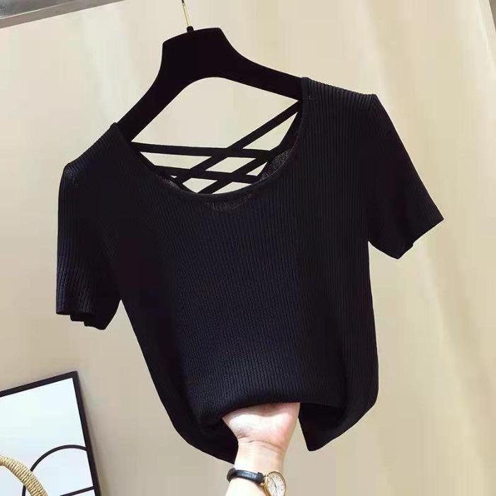 Women's Backless Slim Fit Ice Silk Ribbed T-Shirt – Short Sleeve, Slightly See-through Summer Base Layer (2025 Trend).