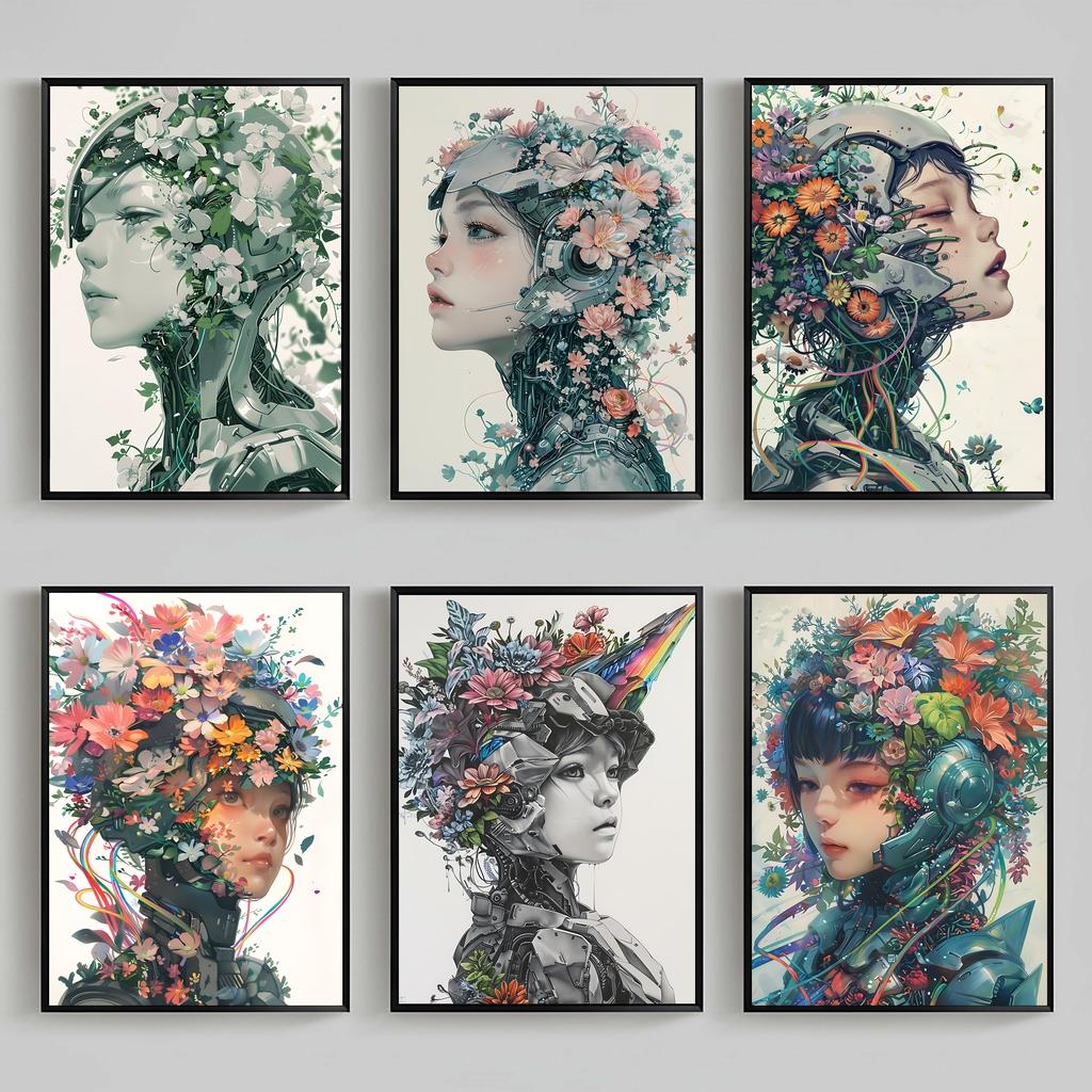 Nordic Wall Art Pretty Robot Girl Flowers Canvas Painting Modern Style Poster Prints Living Room Home Wall Decor