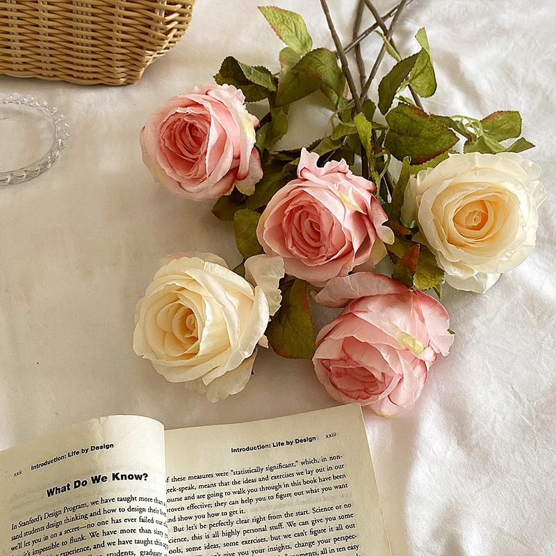 Artificial Burnt Edge Rose Flowers Simulation Silk Flower Bouquet Wedding Party Fake Flower Office Garden Decor Silk Pink Roses