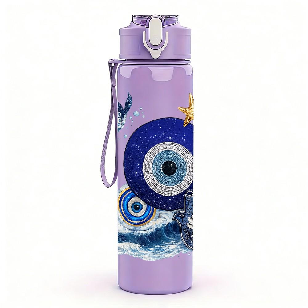 1PC Evil Eye Blue Ornate Amulet Print 750ml Color Plastic Sports Water Bottle Leakproof Flip Straw Lid Suitable for Sports Office Home Use