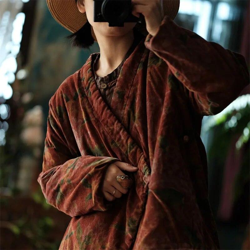 Johnature Damskie parki w stylu chińskim oraz bawełniane zimowe parki z nadrukiem kwiatowym, z dekoltem w szpic, z długim rękawem, zapinanym na jeden guzik, płaszcze w stylu vintage