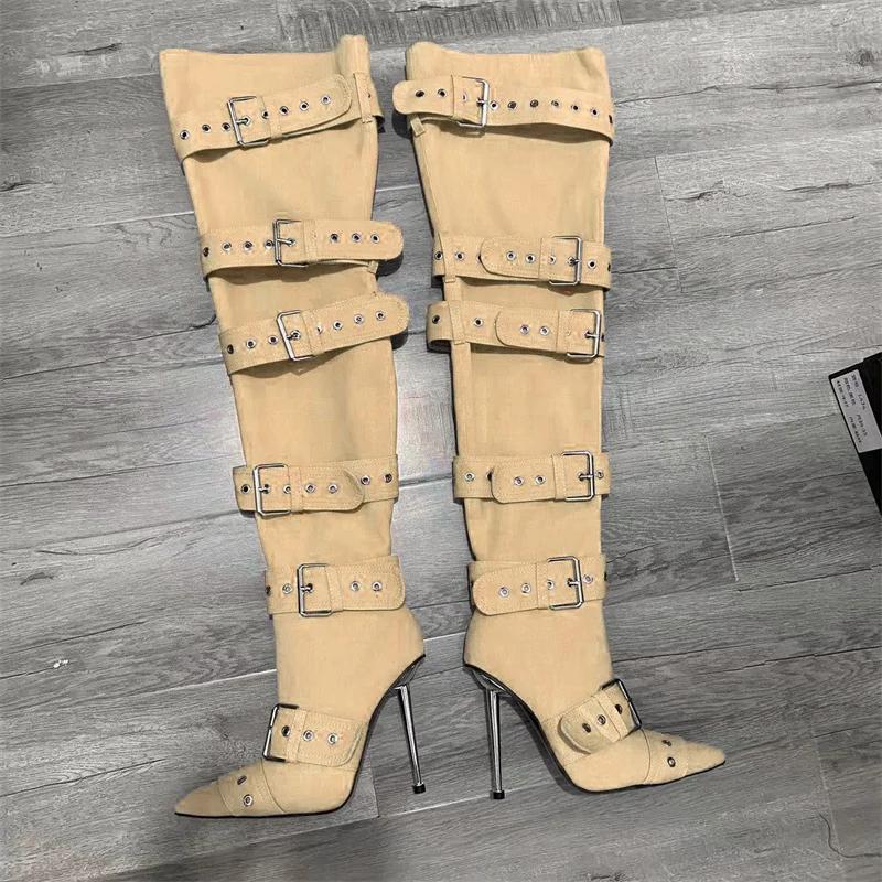 Fashion New Women Denim Metal Rivet Buckle Sandals Women Sexy Punk Style Pointed Hollow Metal 11cm High Heel Knee High Boots Size34-43