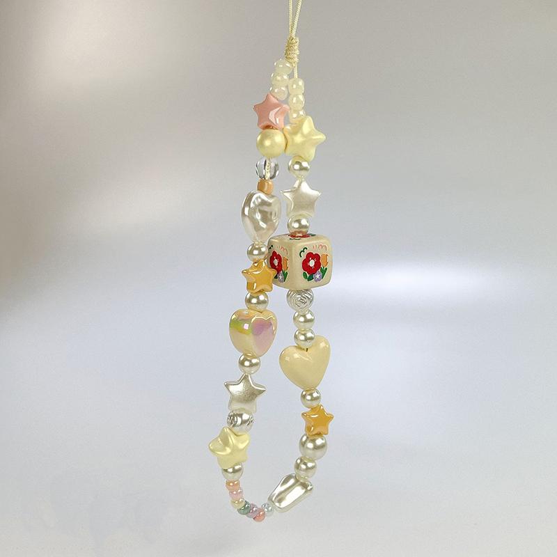 Y2K Korea Flower Stars Beaded Phone Lanyard Ins Style Phone Chain Anti Lost Wristband Keyring Girly Sweet Ccd Camera Pendant