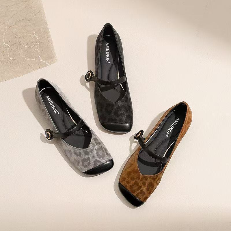 Leopard print Mary Jane small leather shoes women's spring and autumn new Doudou shoes retro inner height-increasing single shoes