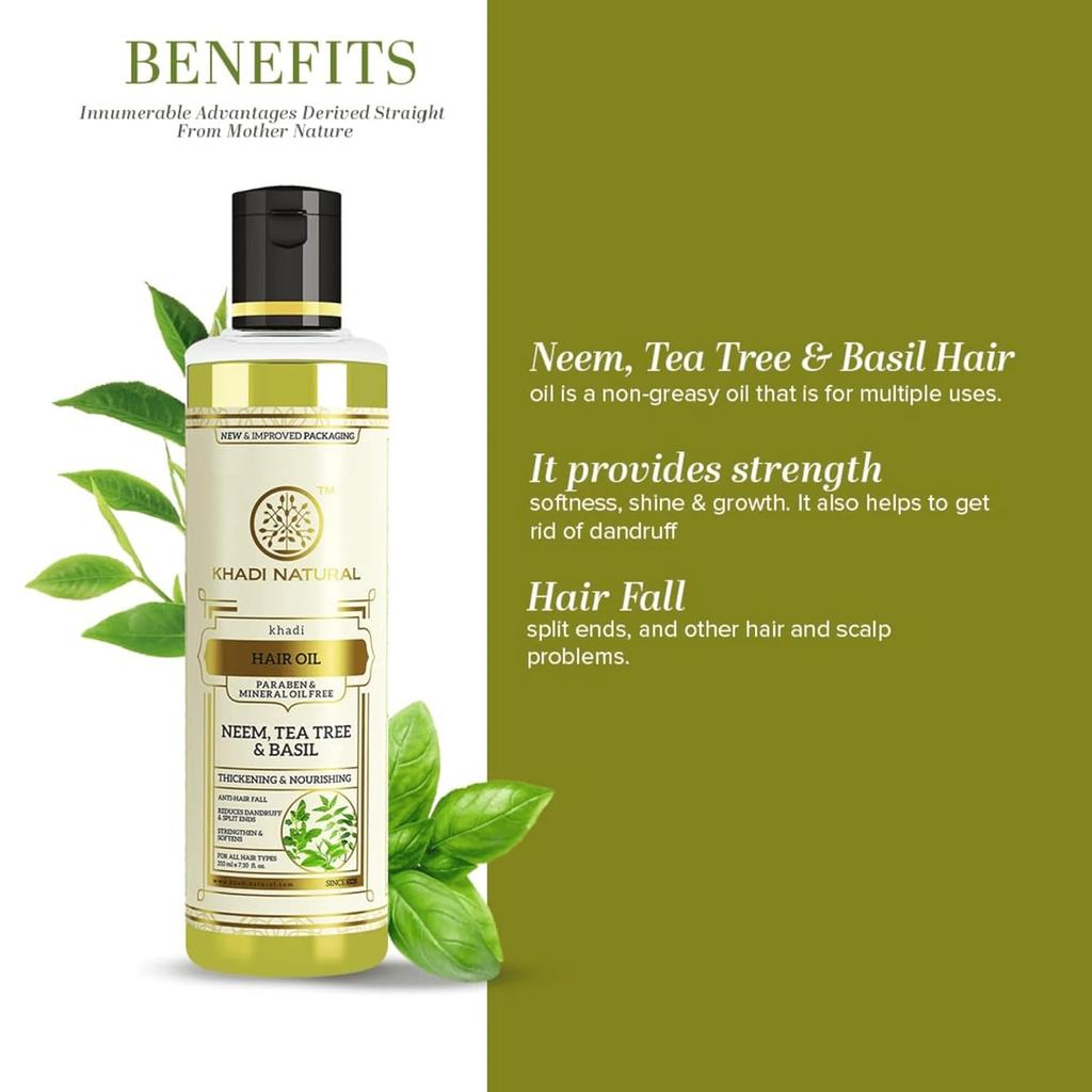 Khadi Natural Neem Tea Tree Basil Hair Oil Non Greasy Formula For Hair Growth And Scalp Care 210 ml
