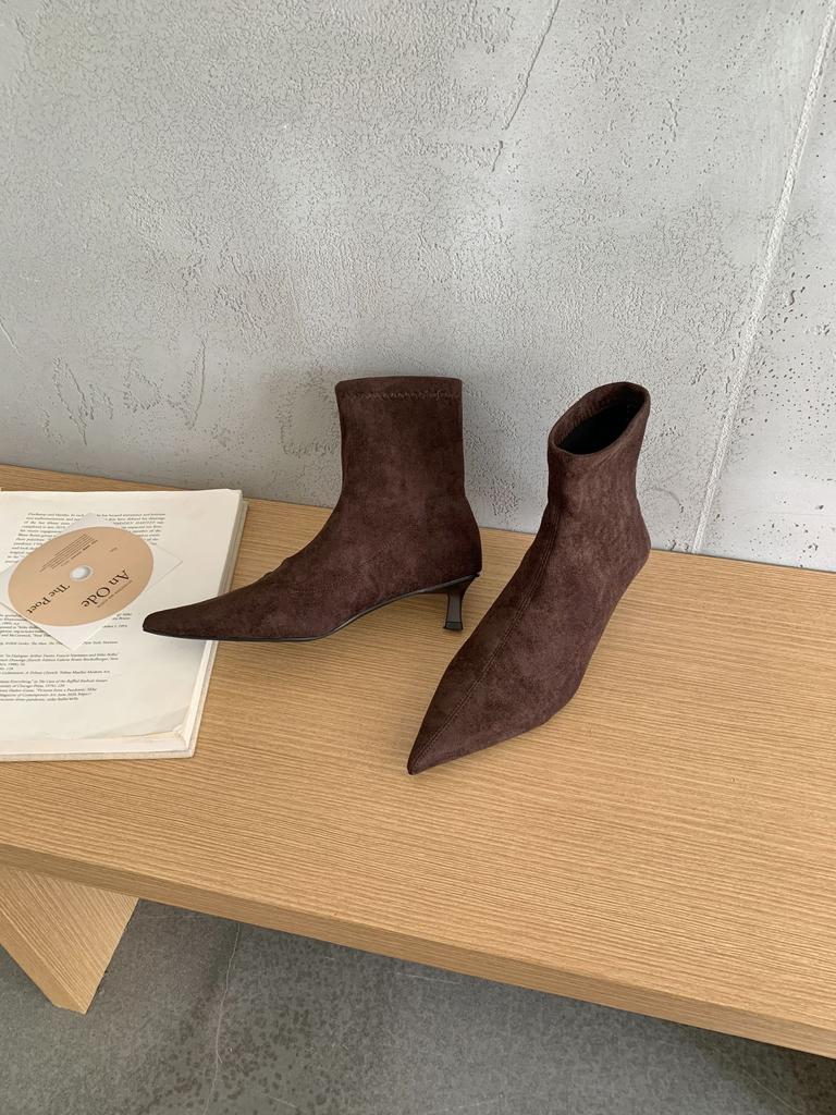 High Heel Pointed Suede Khaki Skinny Boots Short Boots Women's Shoes 2025 New Spring and Autumn Single Boots Korean Small Naked Boots