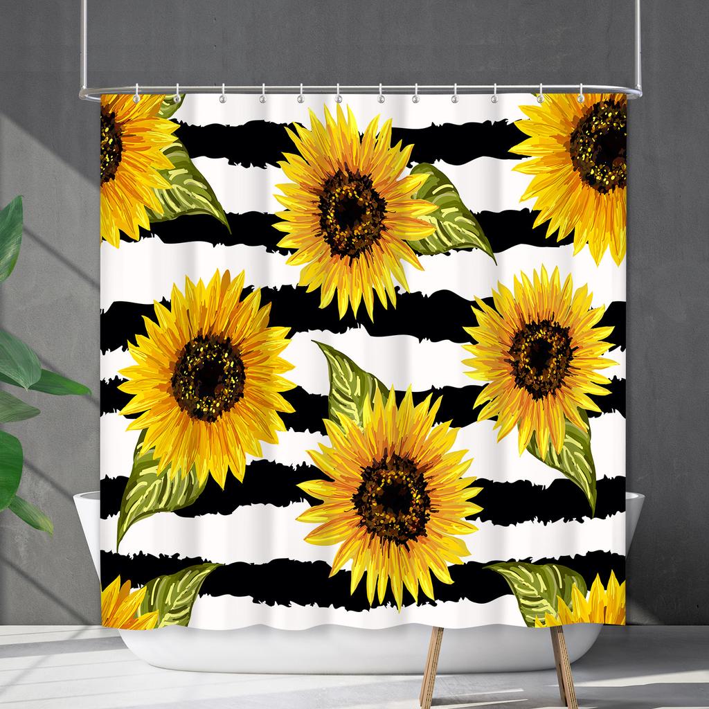Shower Curtain Waterproof and Mildew-proof Digital Printing Horizontal Strip Plant Flower Printing Shower Curtain Partition Curtain Free Punching