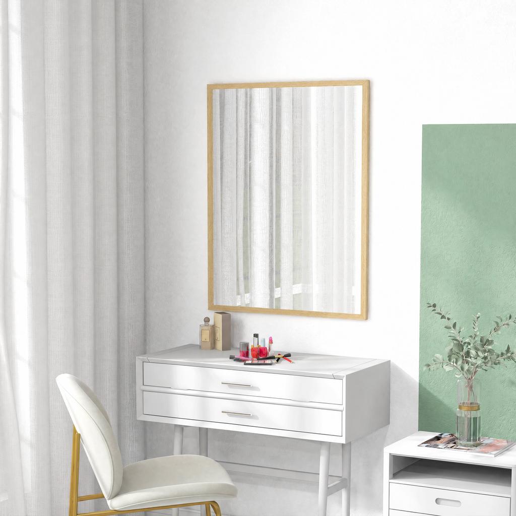 Rectangular Wall Mirror 90 X 70 Cm Wooden Frame Ideal For Bathroom Living Room Or Bedroom Natural