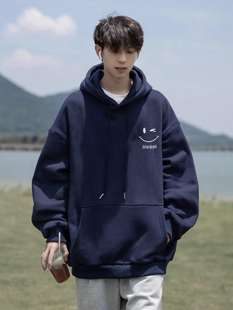 Men's Navy Blue Casual Hoodie: Autumn & Winter, American Style, Plus Velvet, Loose Fit, Plus Sizes Available