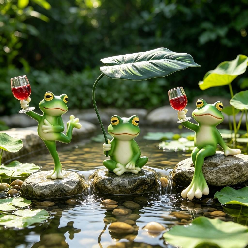 A Drinking Frog with Lotus Leaves As A Decoration for Outdoor Balcony, Tabletop, or Flower Pot Hanging Piece, A Creative Craftwork.