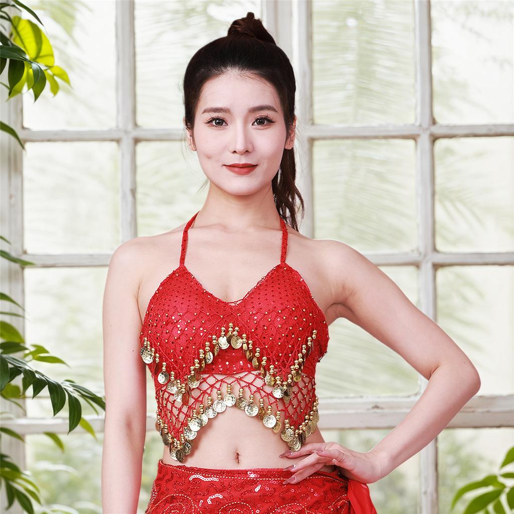Belly Dance Costume for Women Belly Dancing Coins Bra Tops Sequins Fringes Tassels Halter Tops for Stage Performances