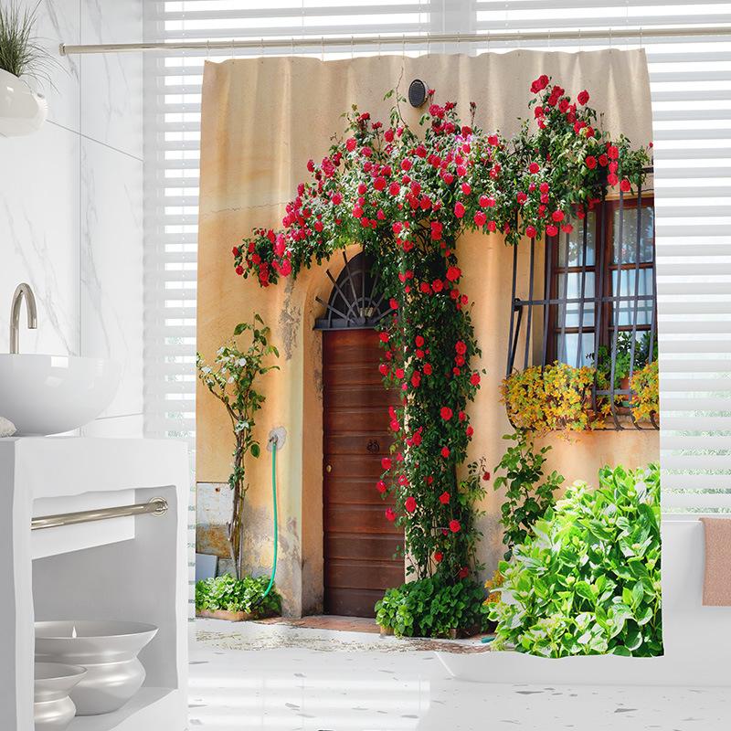 VIKAMA European-Style Garden Landscape Shower Curtain Waterproof Bathroom Partition Curtain for Wet/Dry Separation Home Decor