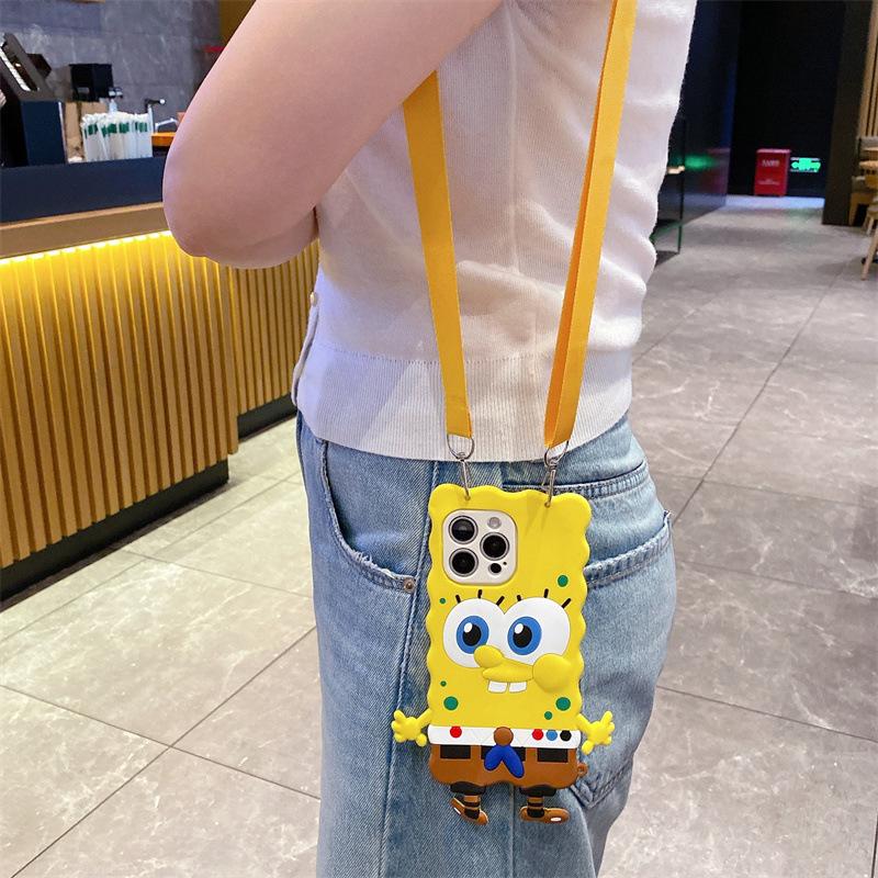 Applicable to Apple 15 cute cartoon mobile phone case SpongeBob SquarePants iPhone16Pro messenger rope protective case