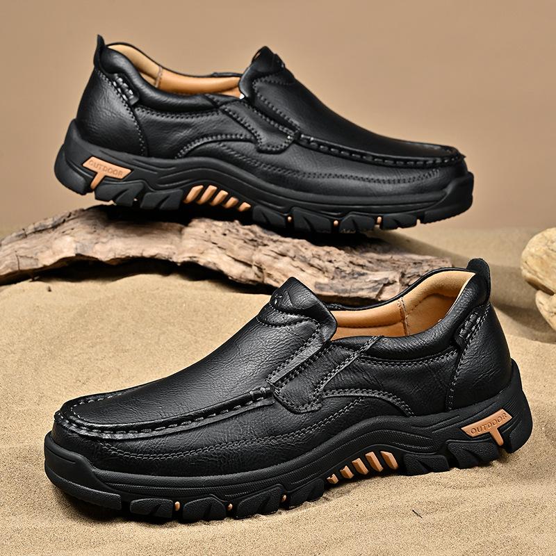 Men's Waterproof Slip On Faux Leather Hiking Shoes for Male Outdoor Non-Slip Walking Sneakers Casual Loafers Work Shoes Comfortable Short Boots