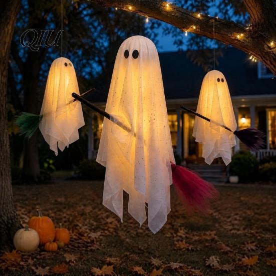Fairy Tale Ghost Decorations Halloween Outdoor Decoration, Large Hanging On Broom, Spooky Glowing for Patio Flying Gauze Tree, Porch, Yard,