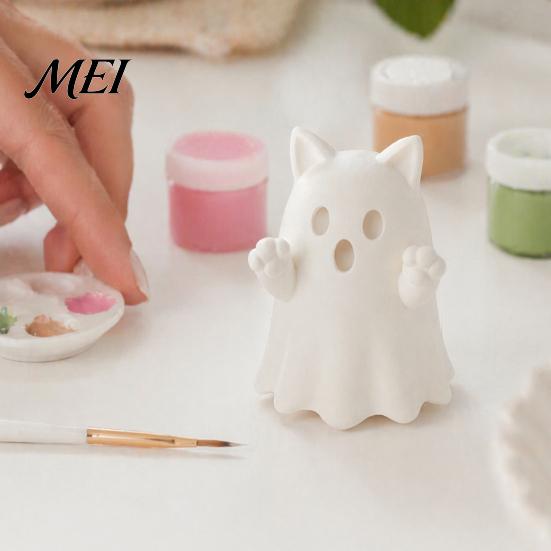 Customizable Holiday Decor 3D Printed Cute Ghost Cat Figurine, Wink Smile Surprise Spooky Halloween Decor, Unique Party Table Decorations Blank White