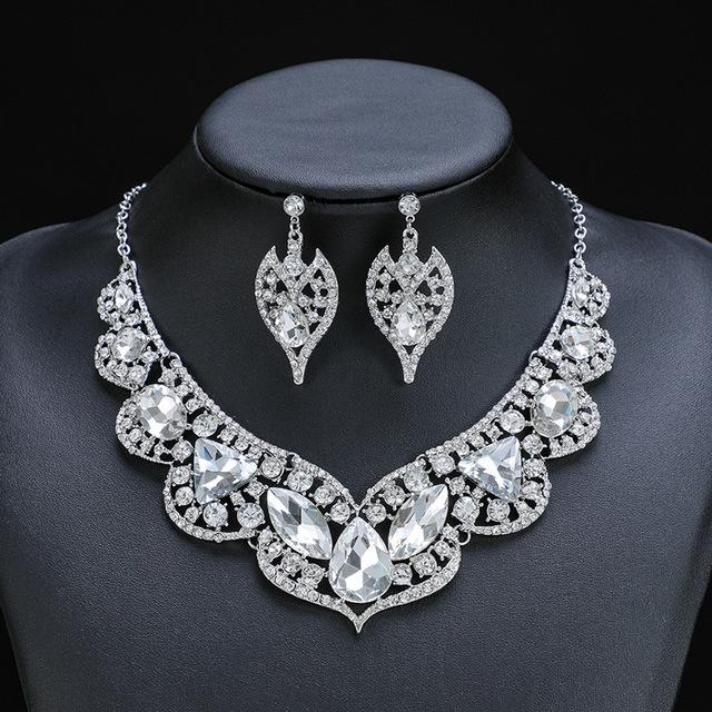 Wave Shape Design Crystal Diamond Jewelry Necklace Earring Set Bridal Wedding Dress Party Clavicle Chain Elegant Earrings