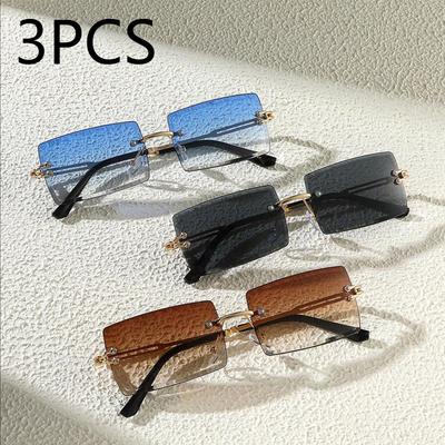 3pcs Men's Luxurious Frameless Rectangle Sunglasses Classic Fashion Eyewear For Daily Life And Outdoor Travel Beach