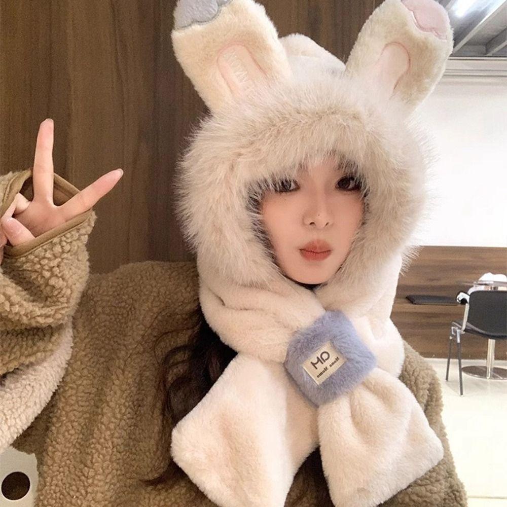 Ear Protection Rabbit Ear Hat Winter Bib Scarf Hat Leisure Plush Hat  Female/Girls