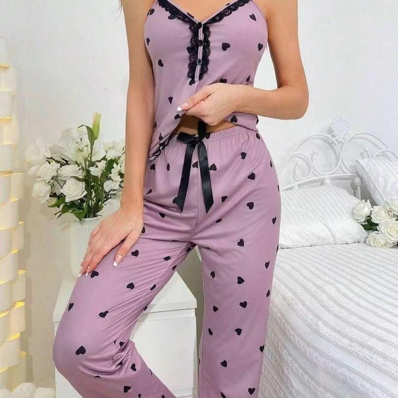 Women's Summer Imitation Silk Camisole & Long Pants Home Wear Set