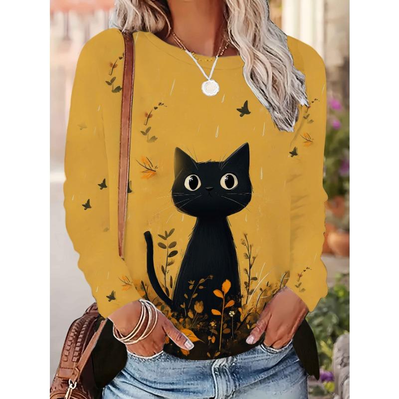 Cute Yellow Autumn Leaves, Black White-Eyed Cat, Deciduous Bird Grass, Women'S Casual Round Neck Long Sleeve T-Shirt