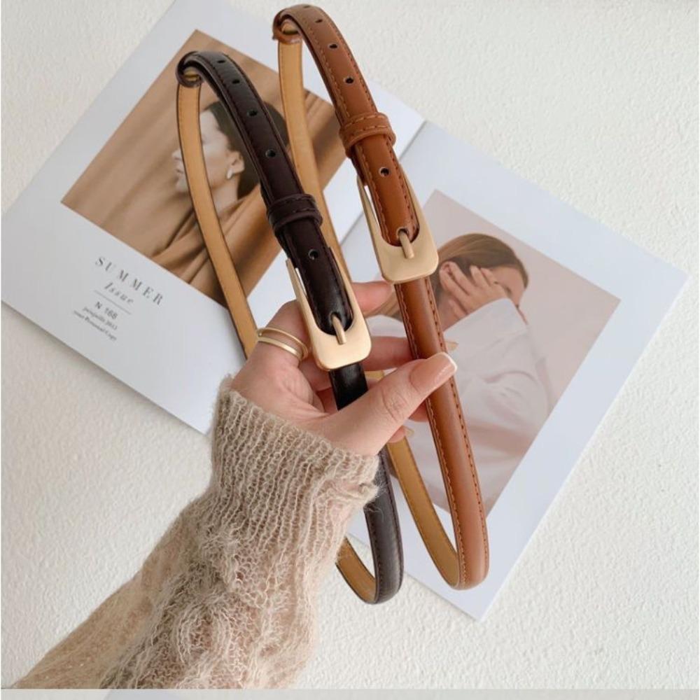 Zinc Zinc Alloy PU Leather Waistband Square Buckle Thin Waist Belt Retro Thin Belt  Dress