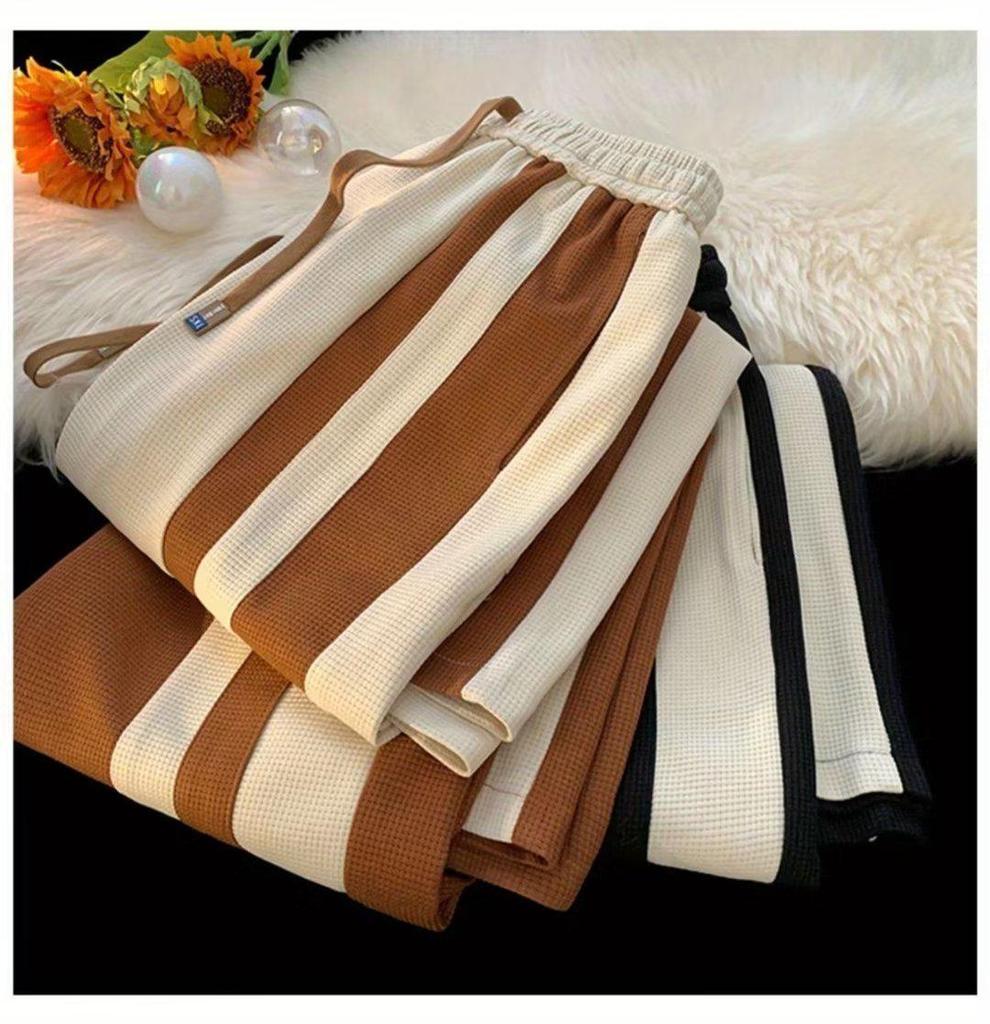 Korean-Style Trendy Color Block Striped Casual Sweatpants, Unisex Spring/Summer Waffle Drape Wide-Leg Design