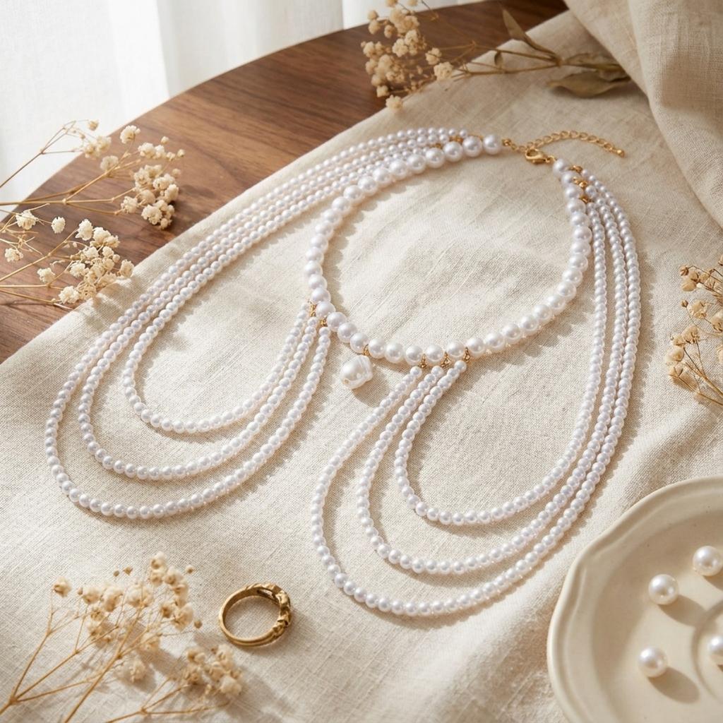 Collier de Perles Imitation Irrégulières pour Femmes Hommes Minimaliste Multicouche Chaîne de Perles Choker Bijoux de Corps Polyvalents