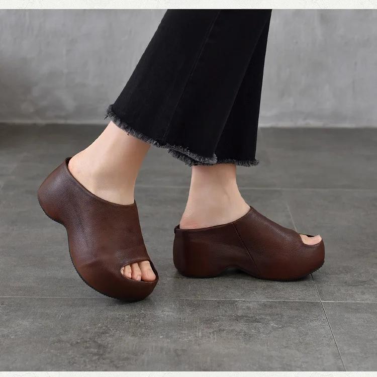 Johnature Genuine Leather Lightweight Thick Soled Peep Toe Slippers Versatile Wedge Heel Women's Slip-on Shoes